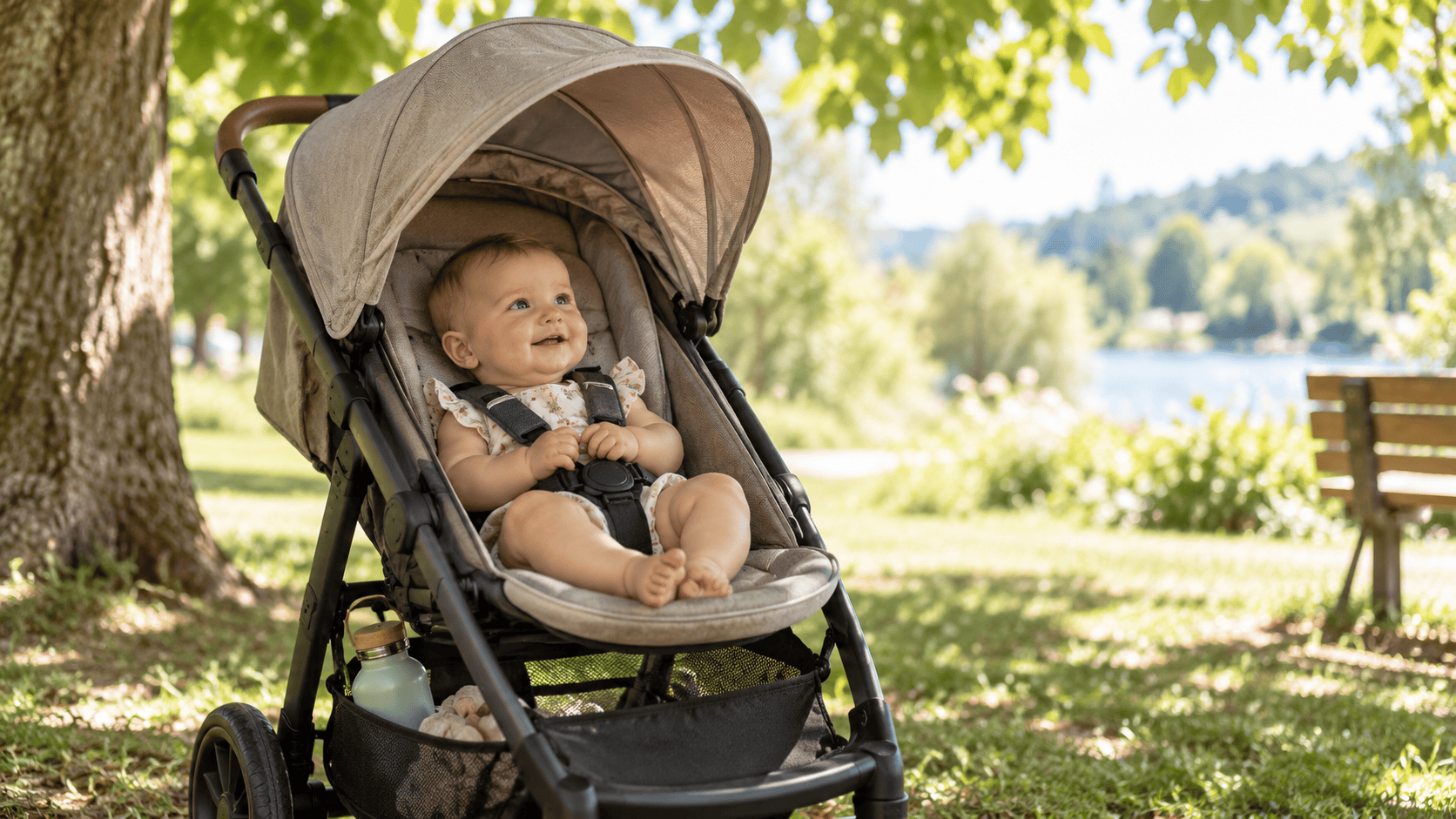 Lächelndes Baby im schattig stehenden Kinderwagen mit Sonnenverdeck draußen