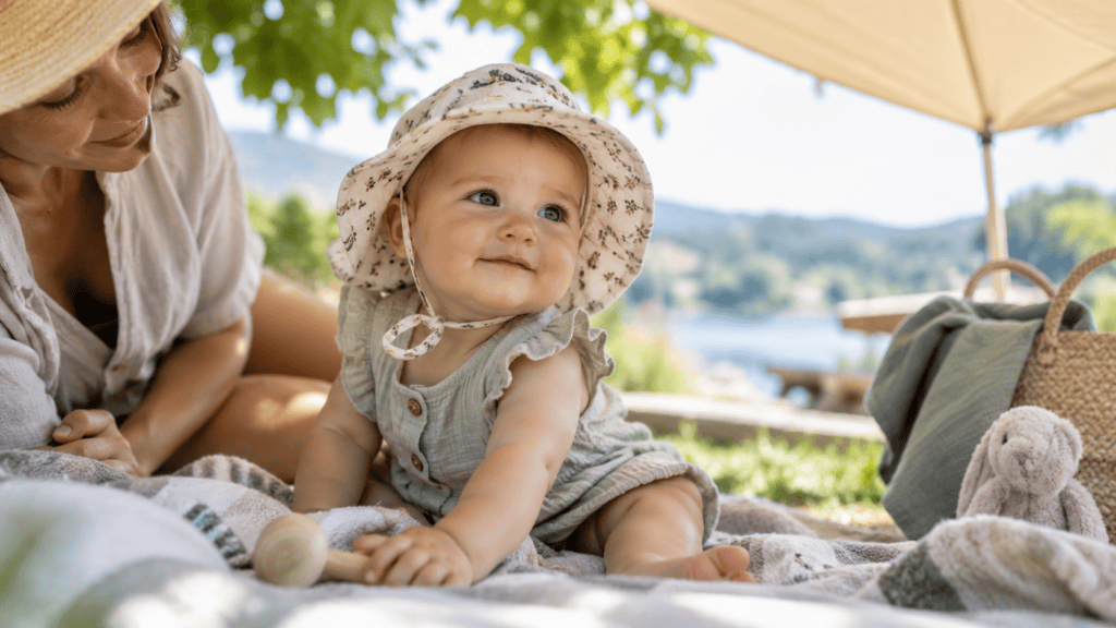 Baby bei Hitze im Schatten mit Sonnenhut