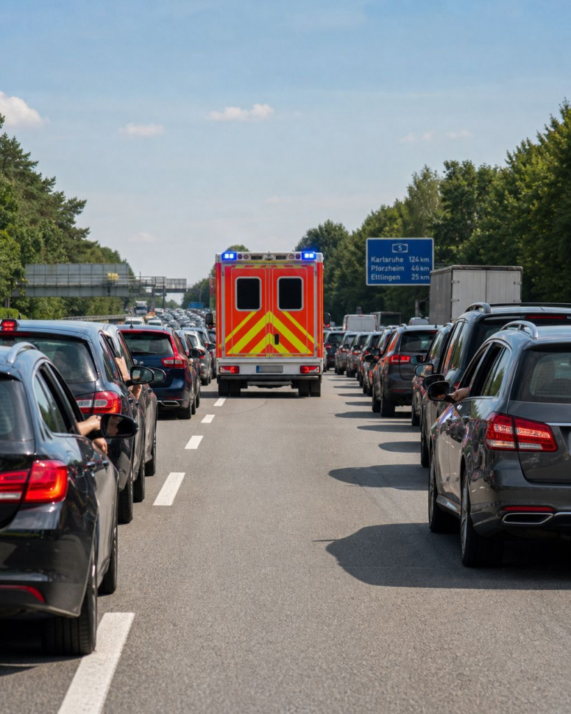 Die Rettungsgasse ist nicht nur Pflicht, sie rettet Leben! Ganz einfach: Einspurig: möglichst rechts halten, zwei- oder mehrspurig: die linke Spur fährt soweit wie möglich nach links, alle anderen nach rechts