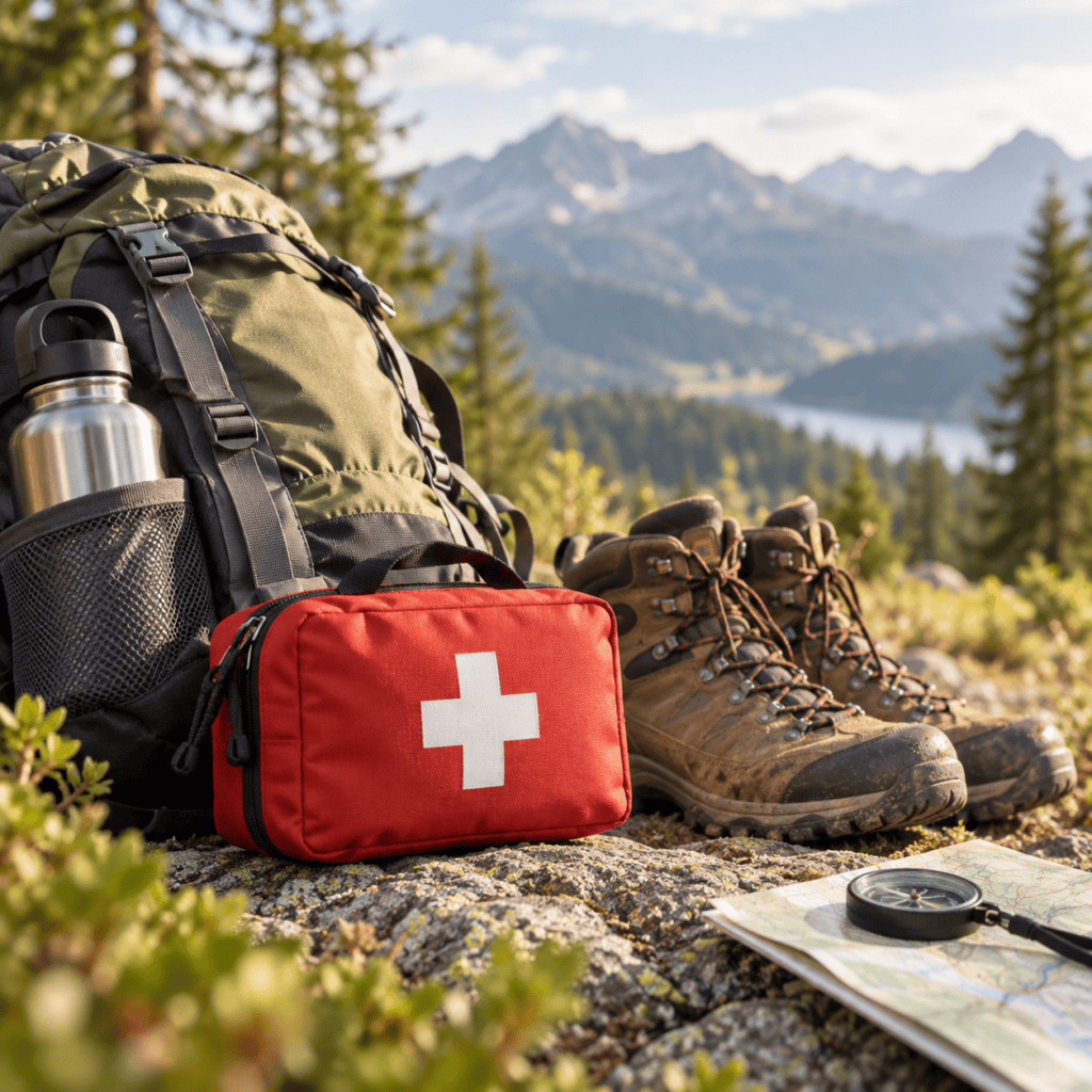 Wanderausrüstung mit Erste-Hilfe-Set auf einem Bergweg
