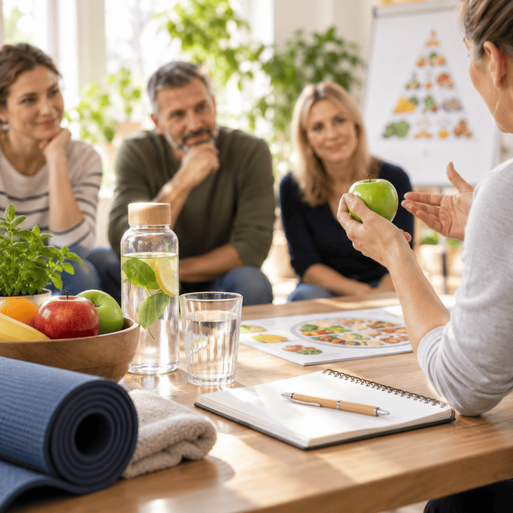 Gesundheitsworkshop mit gesunden Lebensmitteln und Arbeitsmaterialien