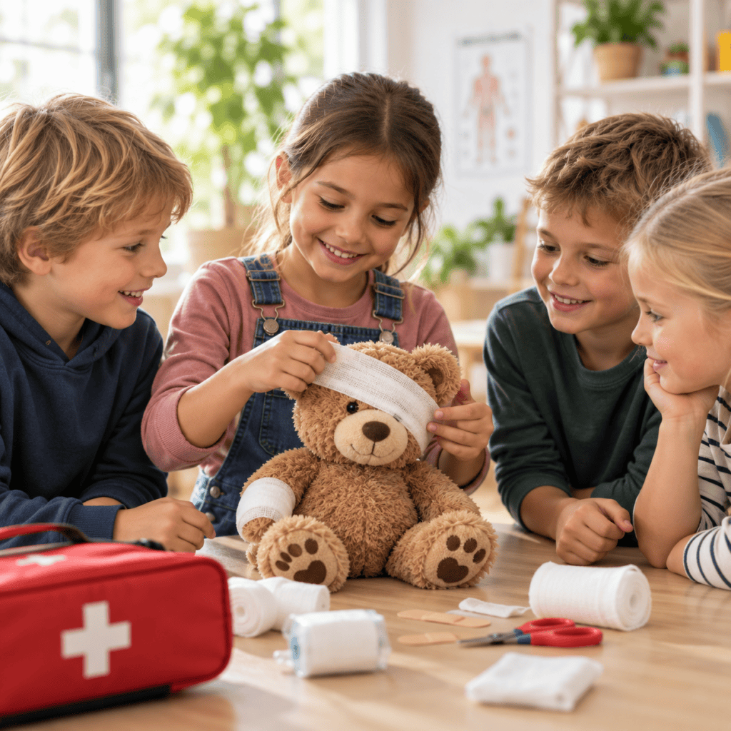 Kinder üben spielerisch Erste Hilfe an einem Teddybären